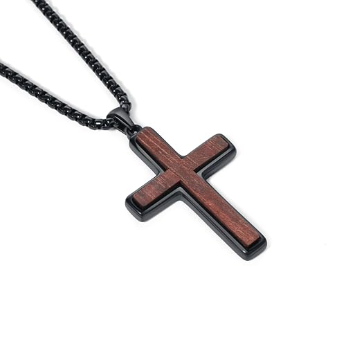 Wooden Cross Necklace for Men, Natural Sandalwood Inlaid with Black Stainless Steel Pendant, Mens Cross Necklaces Including 24 Inch Box Chain ﻿
