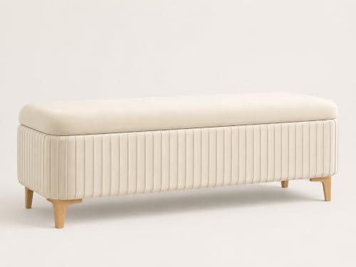 Image of LEGACY OF COMFORT Qwen Velvet Upholstered Flip Top Storage Bench 2 Seater Sofa Upholstered Ottoman Bench with Storage for Living Room, Bedroom (Ivory)