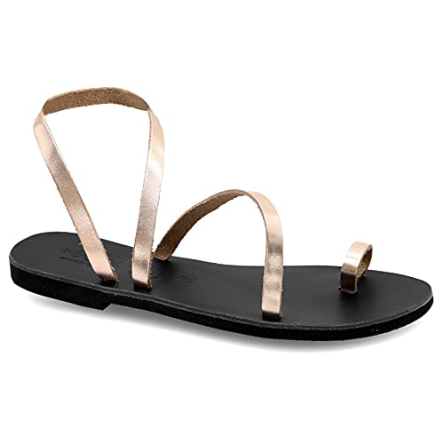 Image of Emmanuela Greek Leather Toe ring Sandals, Quality Handmade Slingback Summer Shoes, Ankle Cuff Strappy Sandals, Boho Chic Flat Sandals, Silver Rose Gold Snake animal print