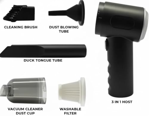 Image of 3-in-1 Handheld Car Vacuum Cleaner & Air Blower, Cordless Portable Mini Vacuum, High Power 120W Suction, USB Rechargeable, Small Duster for Home, Keyboard, Office, and Pet Hair (Black)