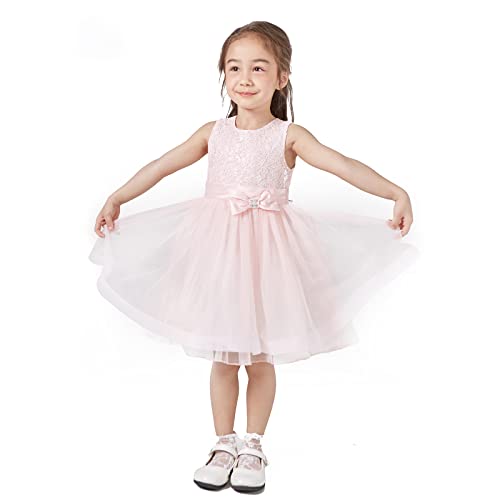 Peaches Petal Toddler Dress For Wedding Party, Floral Embroidered Lace Bodice,Fixed Satin Waist Belt With Rhinestone Decorated Bow 4T（Pink） #TOP2