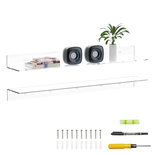 Sezanrpt 91.5cm Klare Wandregale, Acryl Lange Wandmontierte Regale für Pflanzen, Radio, Funko Pop, Bücher, Bilderrahmen, Uhr, Kosmetik, Toilettenartikel, 2er-Set