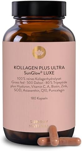 SUNDAY NATURAL® Kollagen Kapseln Plus Ultra SunGlow® Luxe – 180 Kapseln – Premium Collagen Pulver mit Vitamin C, Astaxanthin, Q10 & Hyaluron – Hergestellt aus Kollagen Typ 1 & 3 – Laborgeprüft