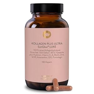 SUNDAY NATURAL® Kollagen Kapseln Plus Ultra SunGlow® Luxe – 180 Kapseln – Premium Collagen Pulver mit Vitamin C, Astaxanthin, Q10 & Hyaluron – Hergestellt aus Kollagen Typ 1 & 3 – Laborgeprüft