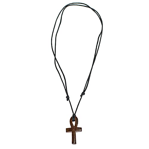 BlueRica Hand Carved Wood Ankh Cross Pendant on Adjustable Black Rope Cord Necklace4