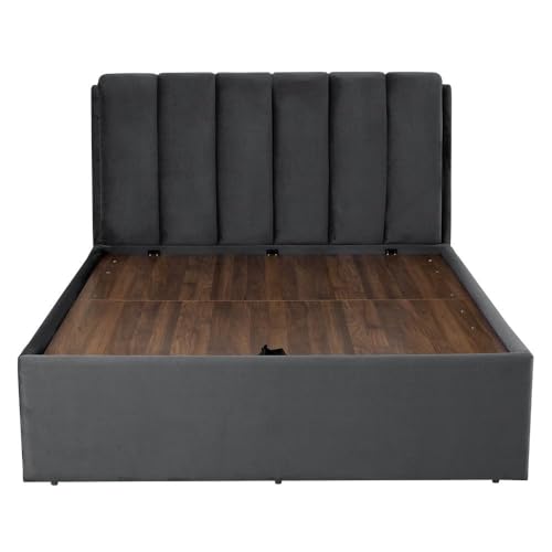 Image of Wakefit Bed | Queen (78 X 60) Solid Wood Bed, Upholstered, Hydraulic, 3 Year Warranty - Antho - Velvet Space Grey