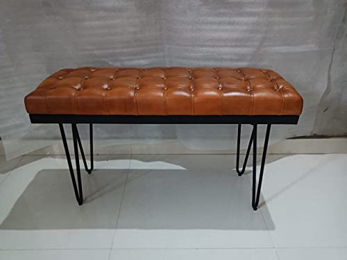 BOX And Tree | Lederbank 100 x 49 x 40 cm Retro-Stil | Fellbank Braun | Kleine Leder-Bett mit Metallfüßen (Leder)