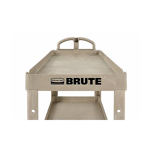 Image of Rubbermaid Commercial Products BRUTE Heavy Duty 2-Shelf Utility /Service Cart, Medium, Lipped Shelves, Ergonomic Handle, 500 lbs. Capacity, Beige, for Warehouse /Garage /Cleaning /Maintenance