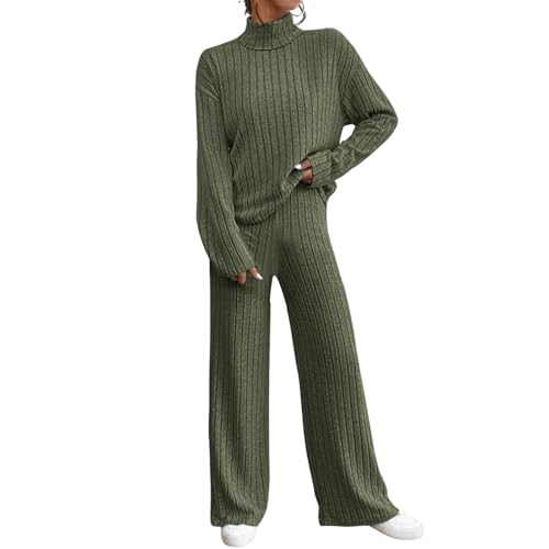 Generisch Chándal para mujer, monocolor, cuello alto, jersey y pantalones anchos, 2 piezas, cálido, 2 piezas, elegante, largo, para el tiempo libre, ropa de casa, cómodo, verde, M