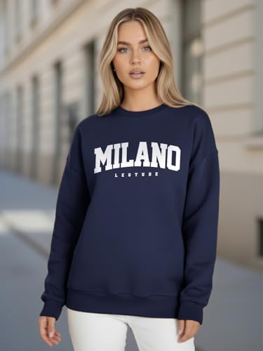 Image of LEOTUDE Women's Boyfriend /Loose Fit Full Sleeve Drop Shoulder Loopknit Round Neck Sweatshirt (Color Navy)