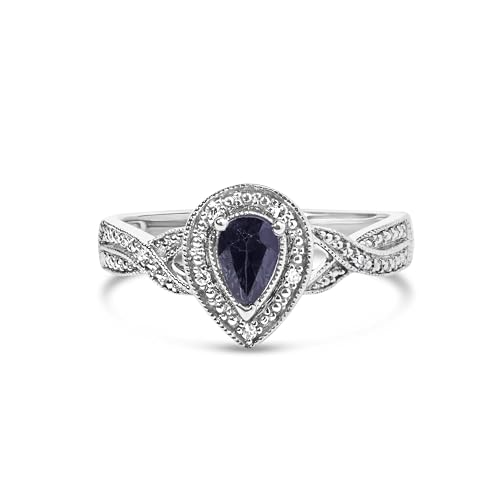 Haus of Brilliance .925 Sterling Silver 6x4mm Pear Sapphire Gemstone with Diamond Accent Fashion Halo Ring (H-I Color, SI1-SI2 Clarity) - Size 7.5