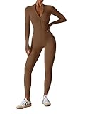 ECUPPER Womens One Piece Workout Jumpsuits Zip Up Bodysuit Long Sleeve Yoga Rompers Full Length Sports Gym Shapewear Coffee S