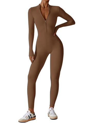 Ecupper Combinaison pour femme Combinaison athlétique une pièce Fermeture éclair Manches longues Jumpsuit Romper marron M