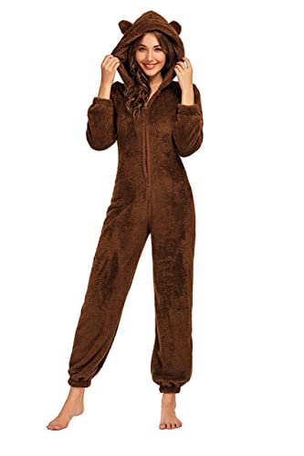 JULGIRL Pijama de forro polar para mujer, con cremallera, cálido, esponjoso, de manga larga, con capucha, pijama de felpa, C-marrón, XL