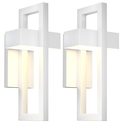 LamQee 2 Packs Modern Outdoor Wall Lights 3000K Integrated LED Outdoor Wall Sconces Lighting, Contemporary Exterior Lighting Fixtures Outside Wall Mount Lights for House Porch Door Garage, Matte White