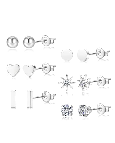 Image of JEMARA 6 Pairs Silver Stud Earrings for Women Hypoallergenic 925 Sterling Silver Stud Earrings Ball Heart Cubic Zirconia Earrings Set Dainty Sterling Silver Earrings for Women