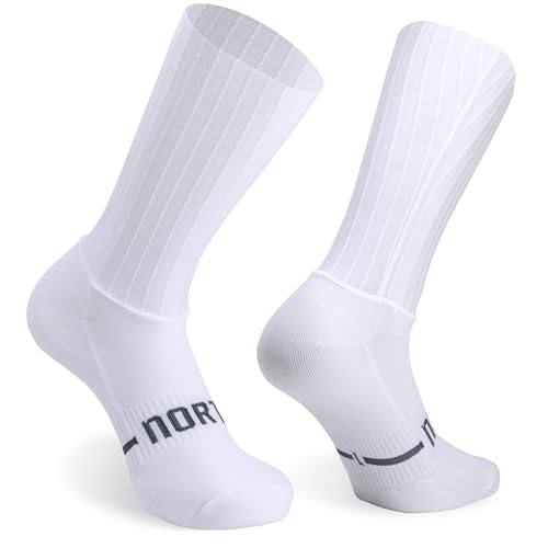 NORTEI Calcetines Ciclismo Aero Blancos, Puño Alto Silicona Compresivo, Transpirables para Hombre y Mujer, Calcetín de Entrenamiento y Competición Carretera (FR/ES, Letras, L, Regular, Regular)