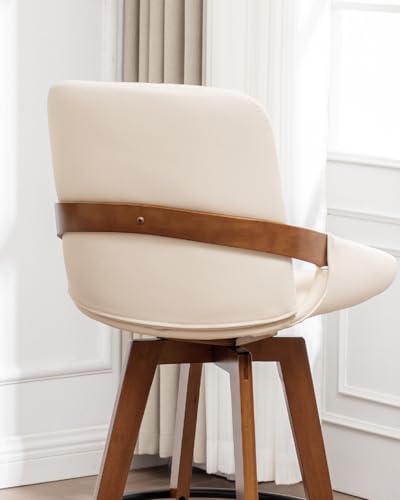 Image of AQG Beige Bar Stools 26 Inch Counter Height Set of 3 Leather Counter Stools with Backs, Mid Century Modern Swivel Counter Height Stools, Upholstered Barstools Wood Frame for Kitchen Counter
