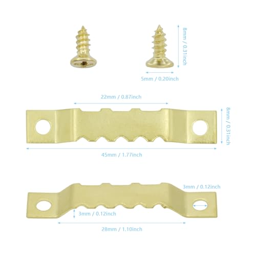 Image of 100 Pack Small Metal Sawtooth Picture Hangers with 200 Screws for Hanging Decor Wooden Photo Frames, Clock, Paintings Art Crafts Works and DIY Projects (Gold)