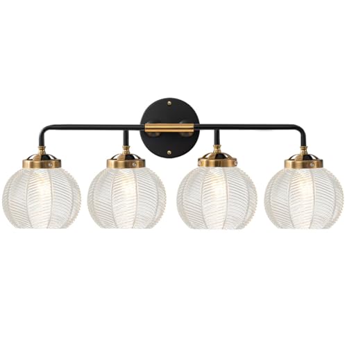 Image of Bathroom Light fixtures 4-Lights Vanity Lights Over Mirror Mid Century Modern Wall Sconce Light with Clear Glass Globe Shade Vintage Black Gold Bath Wall Lamp for Living Room Cabinet