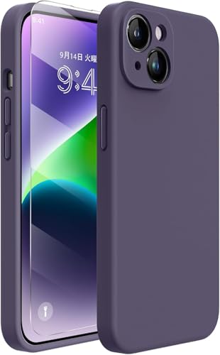 Image of Elzzi Microfiber Square Candy Case Compatible for iPhone 14, Shockproof Slim Back Cover Liquid Silicone Case (Deep Purple)