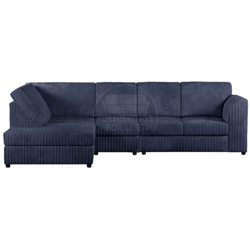 Image of Furnishings For Less UK New Luxor Colourful Soft Jumbo Cord L shaped Large 5 Seater Corner Sofa Navy Blue Full Back With Chaise (Navy Blue, 5 Seater Left Hand Facing)