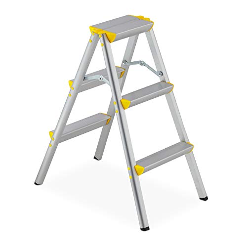 Relaxdays Ladder, 3 Rungs, Aluminium Step Stand, Two Sided, up to 150 kg, Stool, Silver/Yellow, 74 x 40 x 63 cm