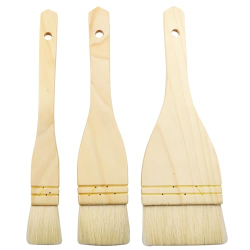 Moicstiy 3Pcs Flat Hake Brushes Sheep Hair Bristles Paint Brush Set for Watercolor Wash Pottery Painting - Baking Pastry Brush & BBQ Grill Brush for Kitchen (1/2/3 Inch)