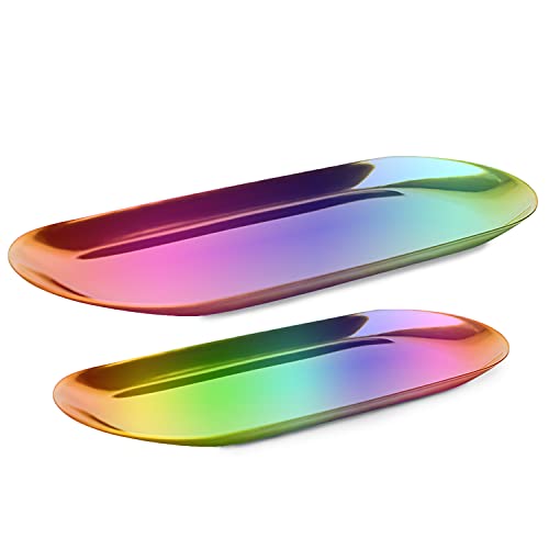 2 Pcs Metal Serving Trays, Rainbow Decorative Tray Jewelry Tray Dish Plate Tea Fruit Trays Cosmetic Organizer Storage Display Tray for Perfume Candle, Kitchen Bathroom Vanity Counter (Mix 3)
