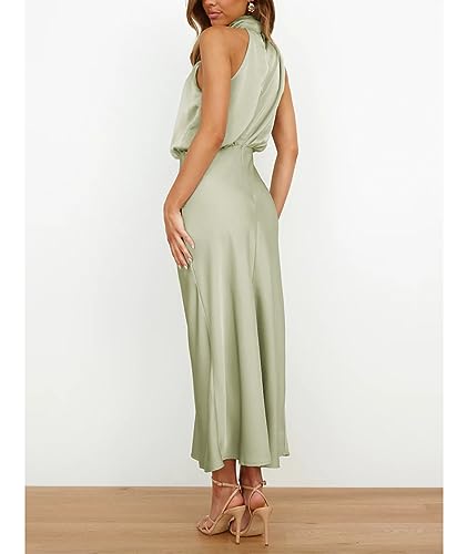 Image of Sexyshine Women's Elegant Halter Tie Neck Sleeveless Satin Long Dress Backless Split Cocktail Party Formal Wedding Maxi Dress