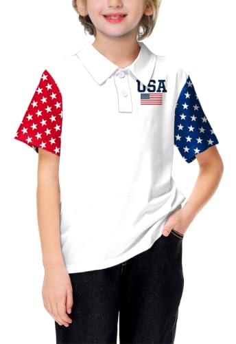 Image of AOBUTE Kids 4th of July Polo American Flag Short Sleeve Button Down Shirts Tops 3-14 Years