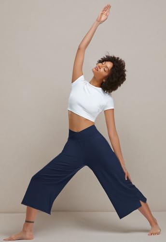 Image of TARSE Womens Casual Wide Leg Yoga Capris Crossover High Waist Capri Pants Loose Soft Pajama Pockets Sweatpants