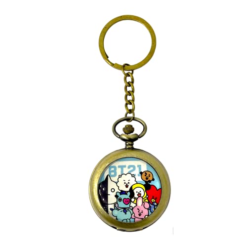 Image of AUGEN Premium Pocket Watch Metal Keychain BT21 Bangtan Boys BTS - 3 Retro Vintage for Gifting With Key Ring Anti-Rust (Pack Of 1)