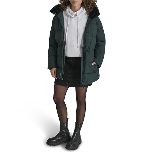 DKNY Pine Green Women's Medium Anorak-Waist Hooded Puffer Jacket