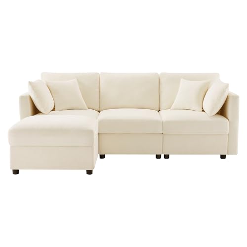 HAINEW Sofá esquinero con reposapiés extraíble y reposabrazos ajustables, sofá de 3 plazas en forma de L para salón dormitorio, 218 × 156,5 × 86 cm, tela de chenilla (beige)