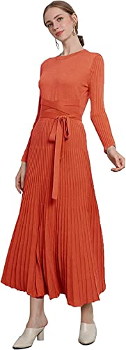 Image of Women's Long Sleeve Sweater Dress Ankle Length Fall Dress Vneck Knit Winter Dress