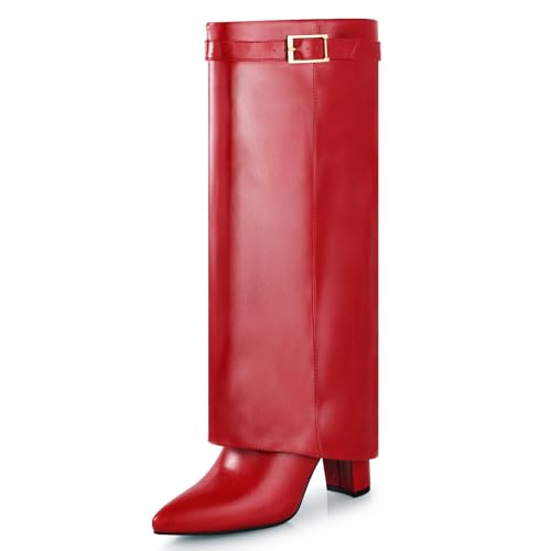 Ankis Fold Over Knee High Boots for Women Chunky Heels Pointed toe with Side Zipper Long Tall Boots