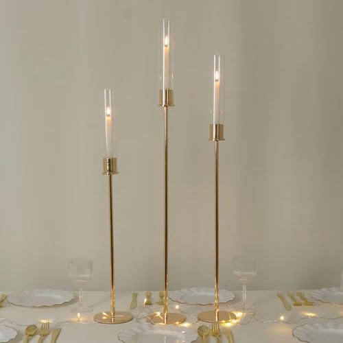 3 Gold Metal Taper Candle Holders with Hurricane Glass Shades Set