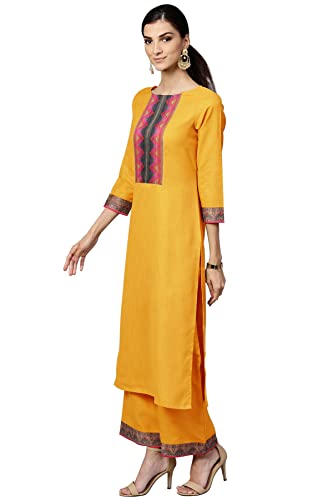 Image of Women's Cotton Straight Kurta Set with Plazzo and Duppata(EDT8120YLW1 Yellow Large)