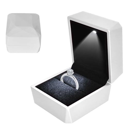 Caja de Anillo con Luz LED, Caja de Terciopelo, Joyero para Anillo, Anillo Caso de Almacenamiento de Joyería LED, para Propuesta de Boda, Día de San Valentín, Caso de Regalo de Cumpleaños (Blanco)