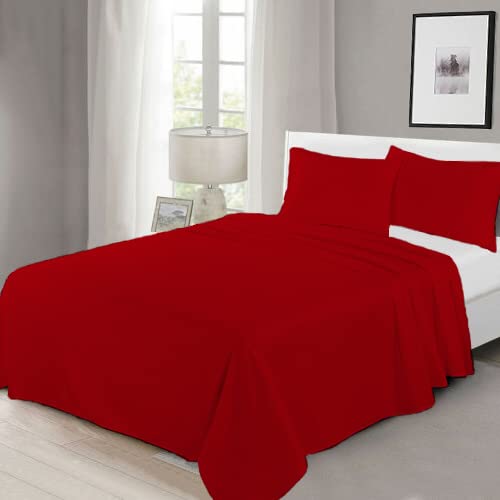 100% Egyptian Cotton Flat Sheet Super Soft Breathable Hypoallergenic Easy Care 200 Thread Count Bed Flat Sheet Hotel Quality Bedding Set (Red, King)
