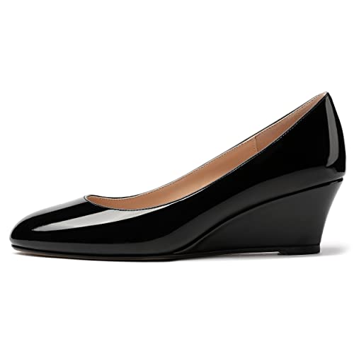 MERRORI Women's Slip On Round Toe Solid Patent Wedge Low Heel Pumps Shoes 2 Inch2