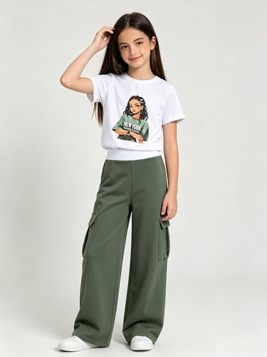 Image of Ayzozuy Kid Girl Clothes Outfits Figure Letter Graphic Tee Top + Flap Pocket Pants 2PC Clothing Set