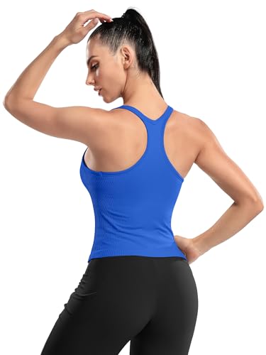 Image of ATTRACO Ribflex Ribbed Workout Crop Tops with Built in Bra for Women Yoga Racerback Tank Top Slim Fit