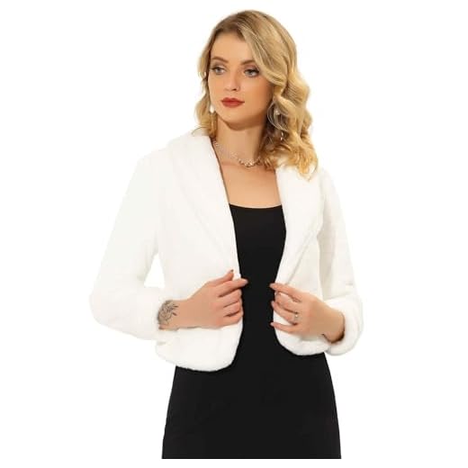 Allegra K Women's 2023 Fasion Winter Cropped Jacket Lapel Long Sleeve Faux Fur Fluffy Coat Small White