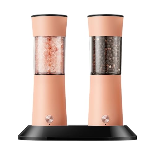 Gravity Electric Salt and Pepper Grinder Set with USB-C Charging Base,Rechargeable Automatic Stainless Steel Pepper Mill Grinder with LED Light, 2pack+Peach Orange (Peach Orange)