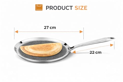 Image of Varnivesh Kitchenware Dosa Tawa | Triply Honeycomb Stainless Steel | Flat Pan Induction Gas Compatible Steel Cooking Tawa with Heavy Guage Stainless Steel Handle Flat Cookware for Roti Dosa - 26cm