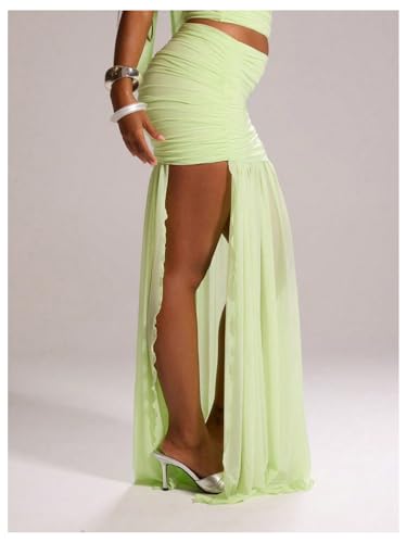 Floerns Women's Low Rise Maxi Skirt Ruched Sheer Mesh High Split Party Long Skirts2