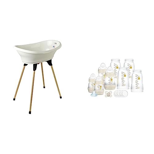 THERMOBABY - Kit Baignoire Bébé - Vasco - Baignoire & Tuyau De Vidange - Blanc Muguet & Mam Ensemble de 8 biberons, 1 tétine Start Nanò, 4 disquettes, 1...