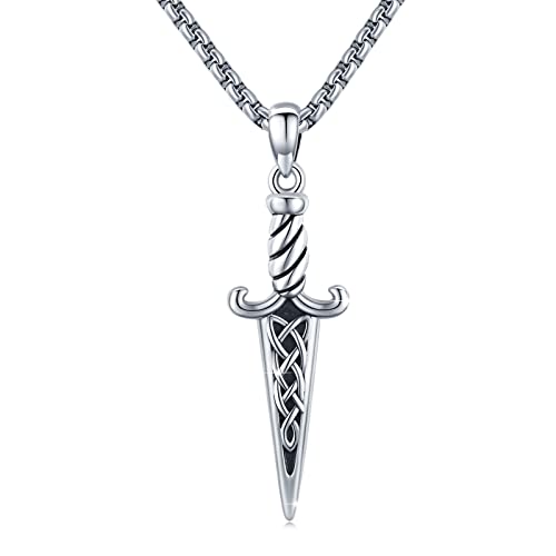 Dagger Necklace for Men Sterling Oxidized Silver Celtic Pendant Sword Cool Necklace for Men Oxidized Silver Irish Jewelry Gift for Women Men Dagger Sword Knife Lover Women